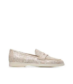 Nude and silver embossed suede loafers