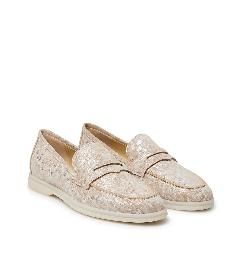 Nude and silver embossed suede loafers