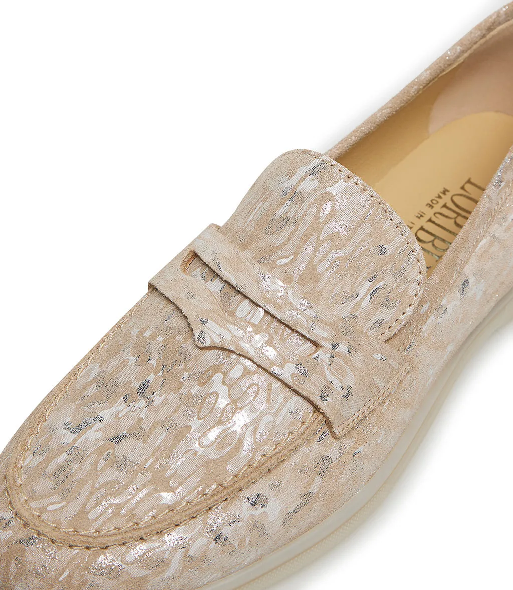 Nude and silver embossed suede loafers