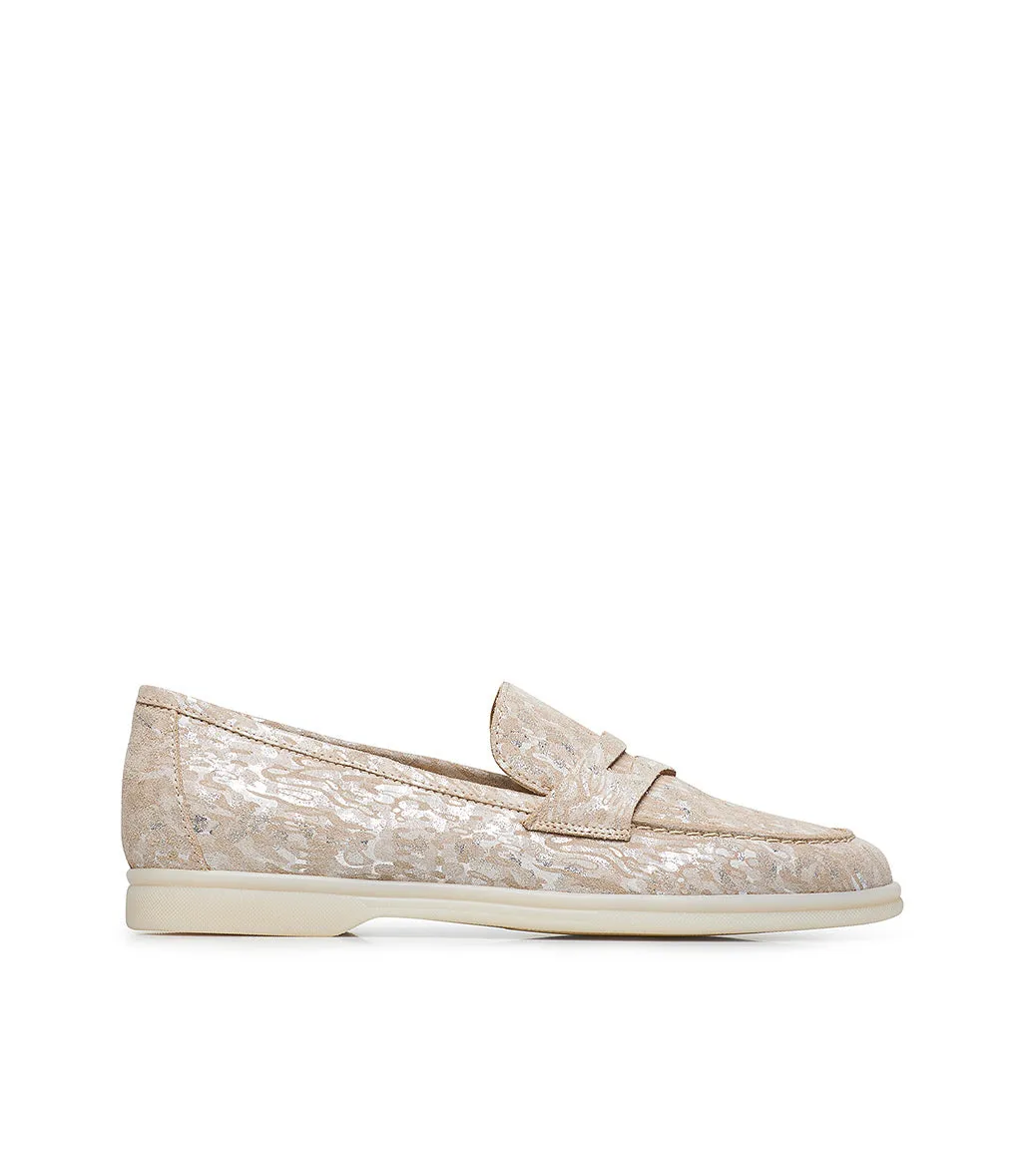 Nude and silver embossed suede loafers