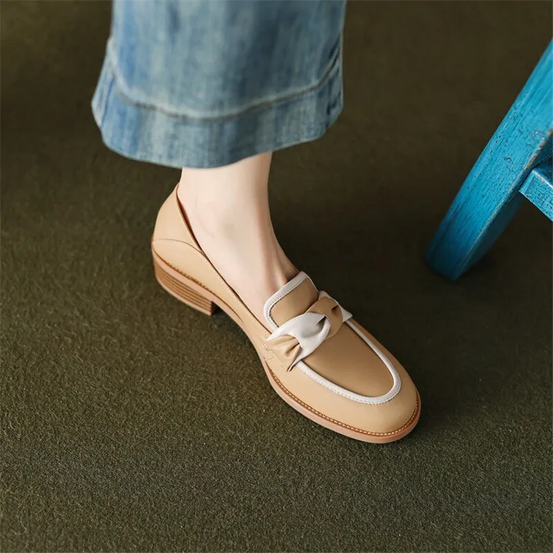 Purpdrank - New 2023 Spring/summer Slip-On Shoes Mixed Color Woman Shoes Round Toe Chunky Heel Shoes Women Loafers Pumps for Women Handmade