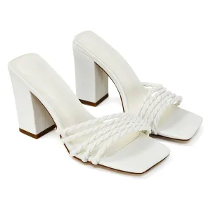Selene Twist Detail Strappy Square Toe Block Heel Mules in White Synthetic Leather