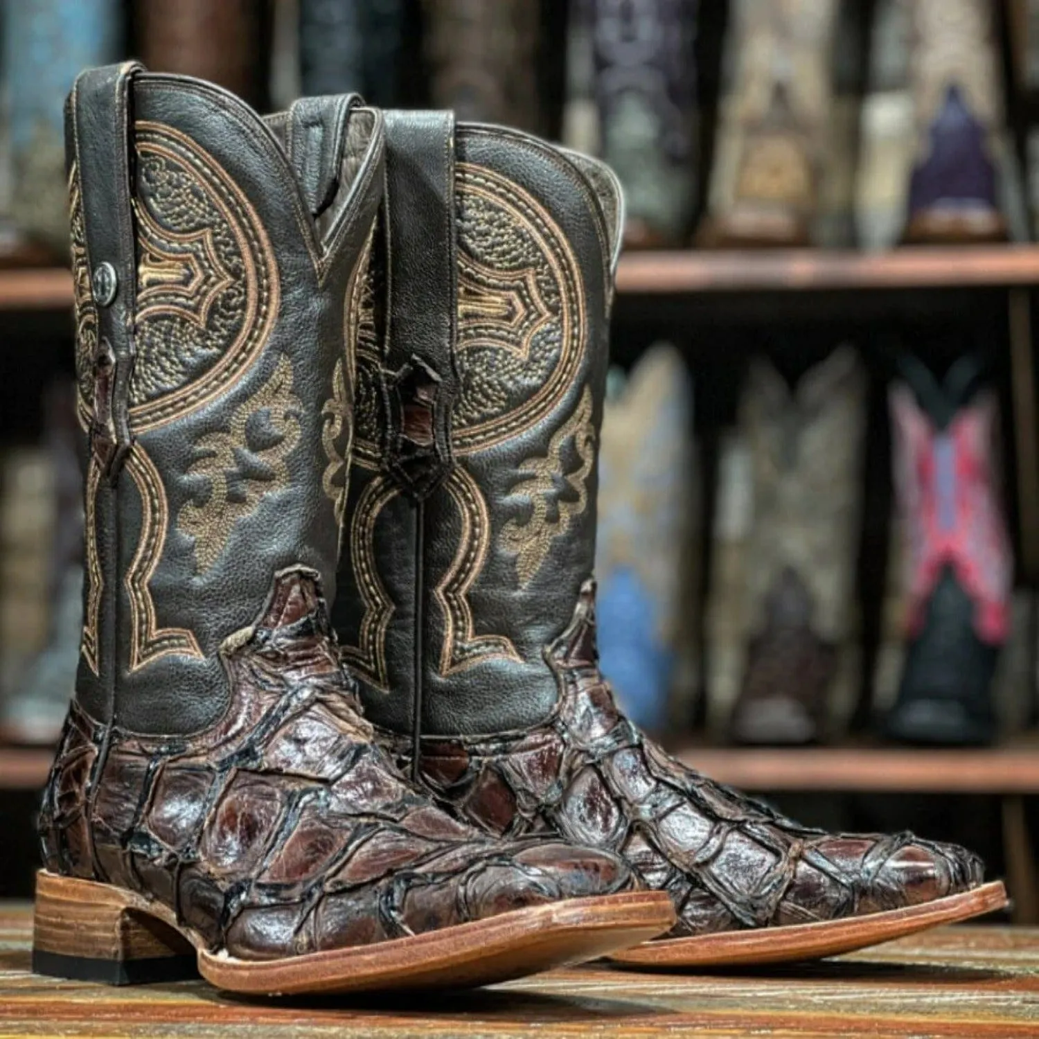 Tanner Mark Men's Genuine Monster Fish Leather Square Toe Boots Brown TMX201307