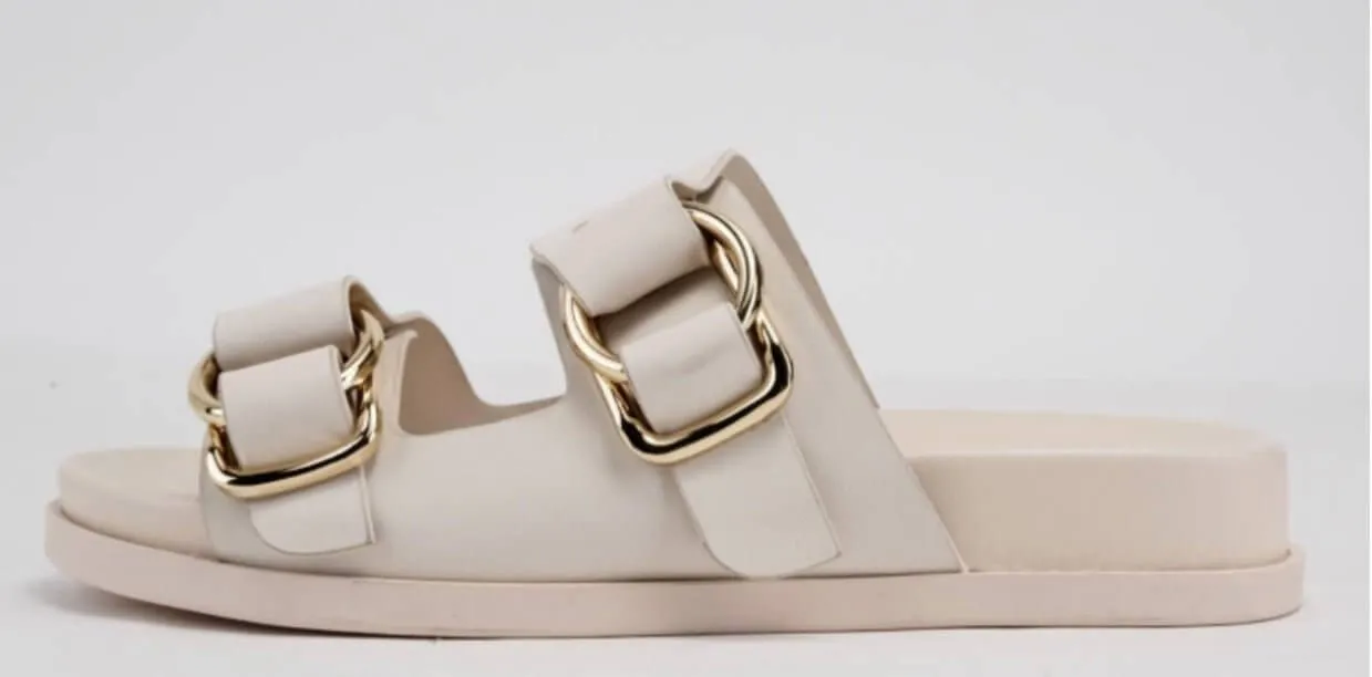 The Katie Slides: Soft Beige God Buckle Birks