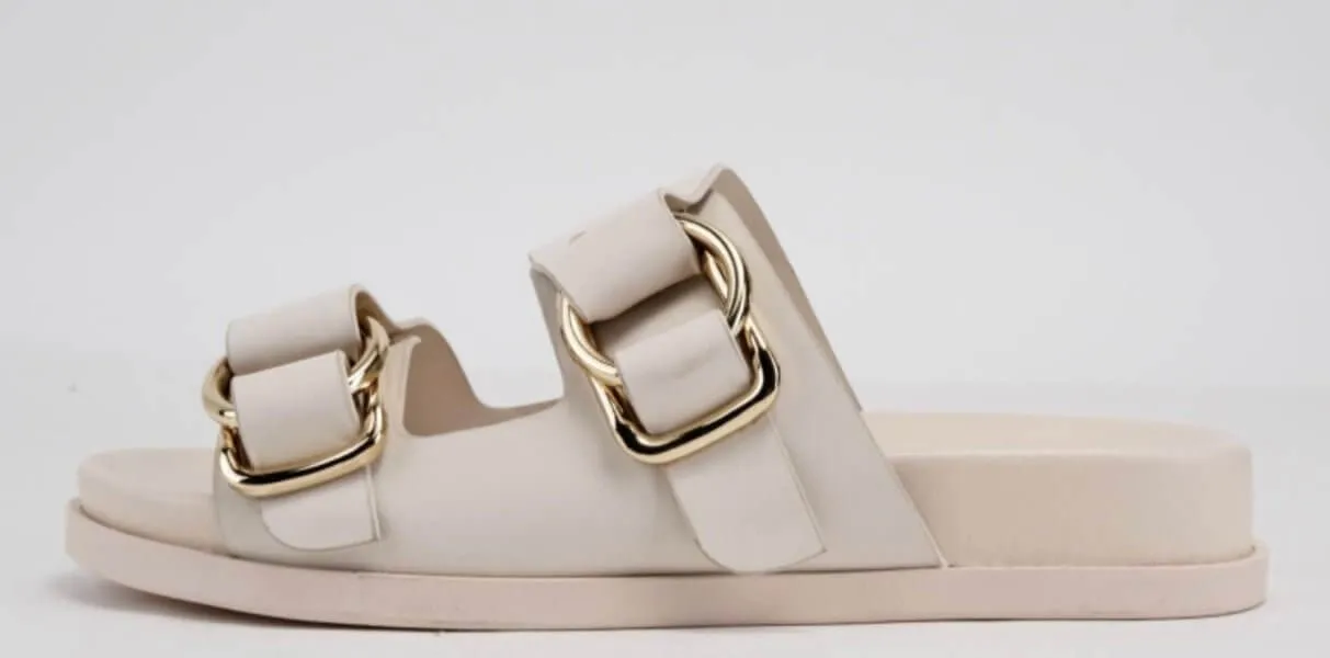The Katie Slides: Soft Beige God Buckle Birks