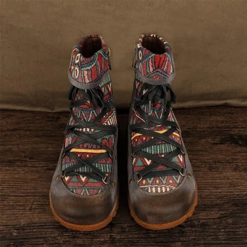 Women's retro boho ankle boots with zipper floral short boos for fall/winter
