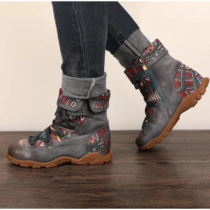 Women's retro boho ankle boots with zipper floral short boos for fall/winter