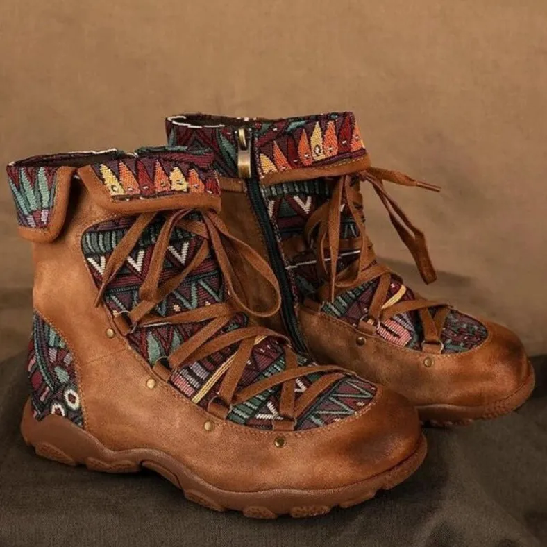 Women's retro boho ankle boots with zipper floral short boos for fall/winter