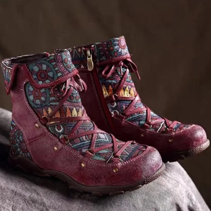 Women's retro boho ankle boots with zipper floral short boos for fall/winter