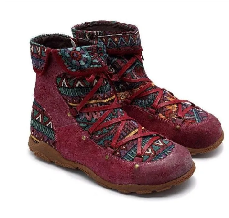 Women's retro boho ankle boots with zipper floral short boos for fall/winter