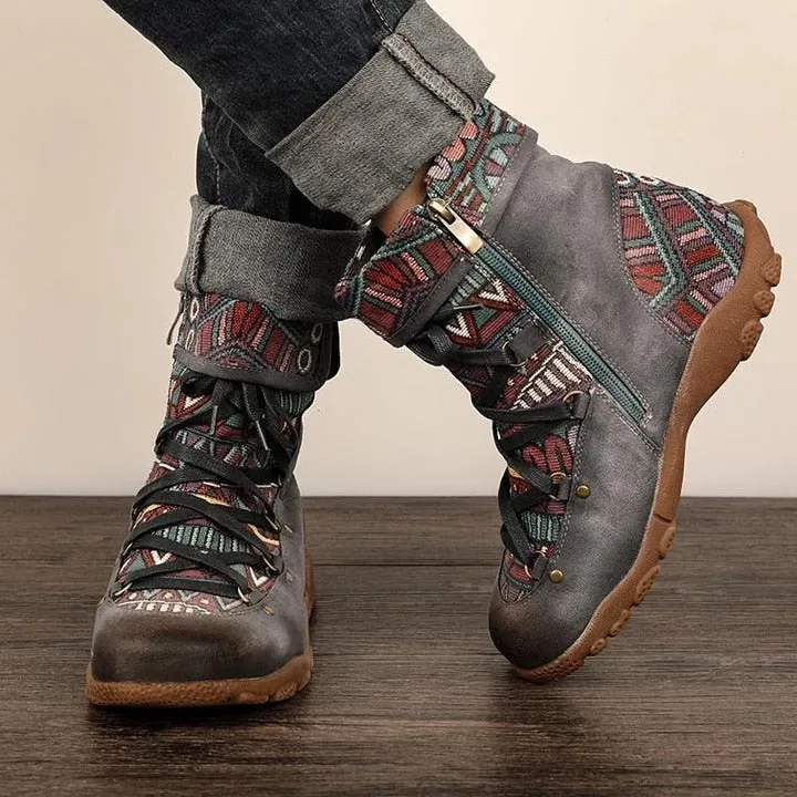 Women's retro boho ankle boots with zipper floral short boos for fall/winter