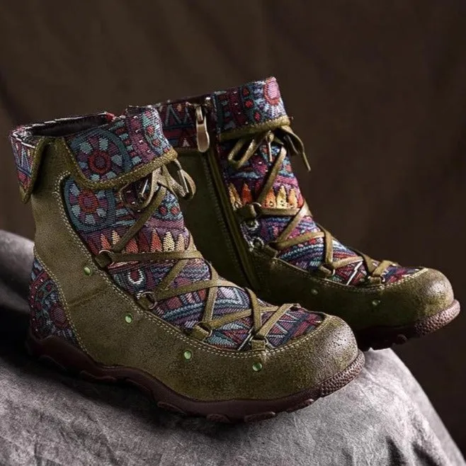 Women's retro boho ankle boots with zipper floral short boos for fall/winter