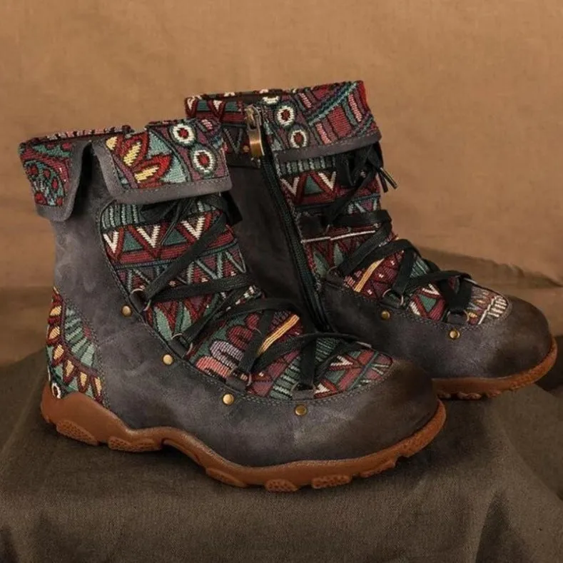 Women's retro boho ankle boots with zipper floral short boos for fall/winter