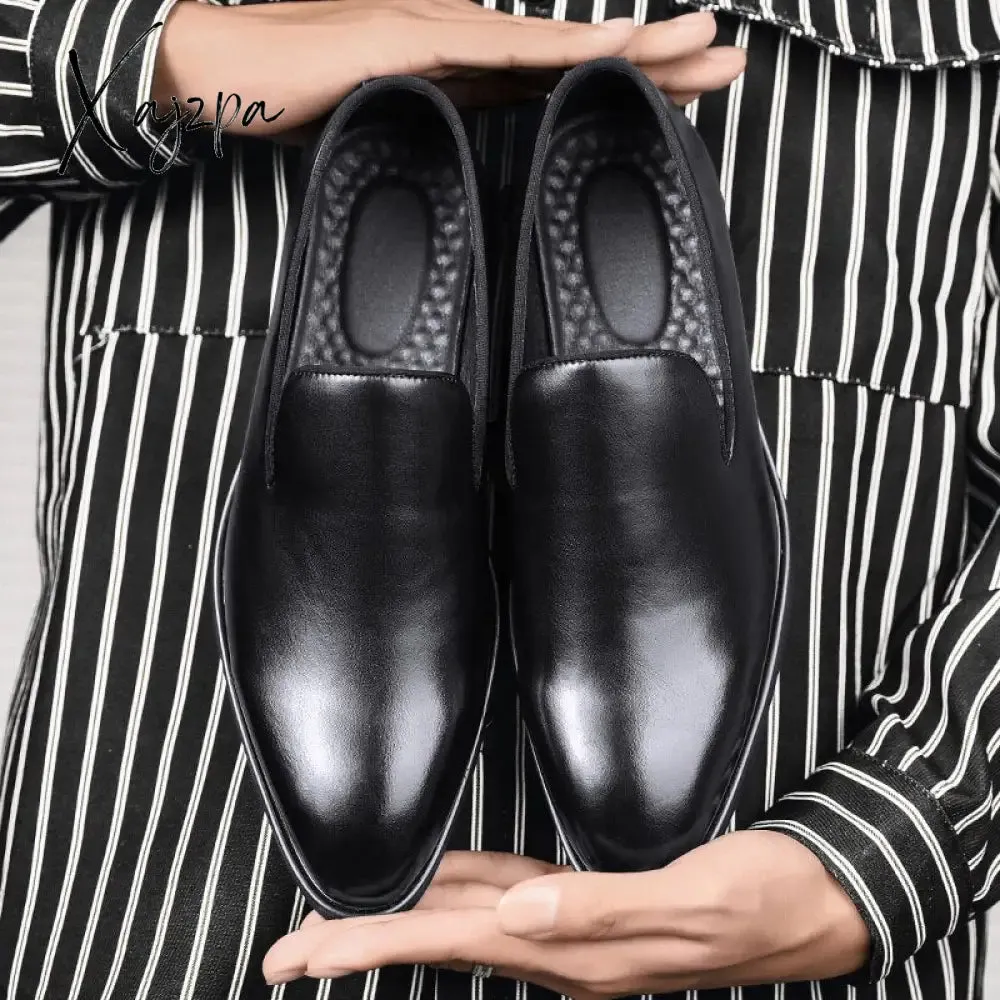 Xajzpa - New Men Loafers PU Solid Color Pointed Toe Classic Simple Red Bottom Slip-on Fashion Business Casual Daily Gentleman Dress Shoes