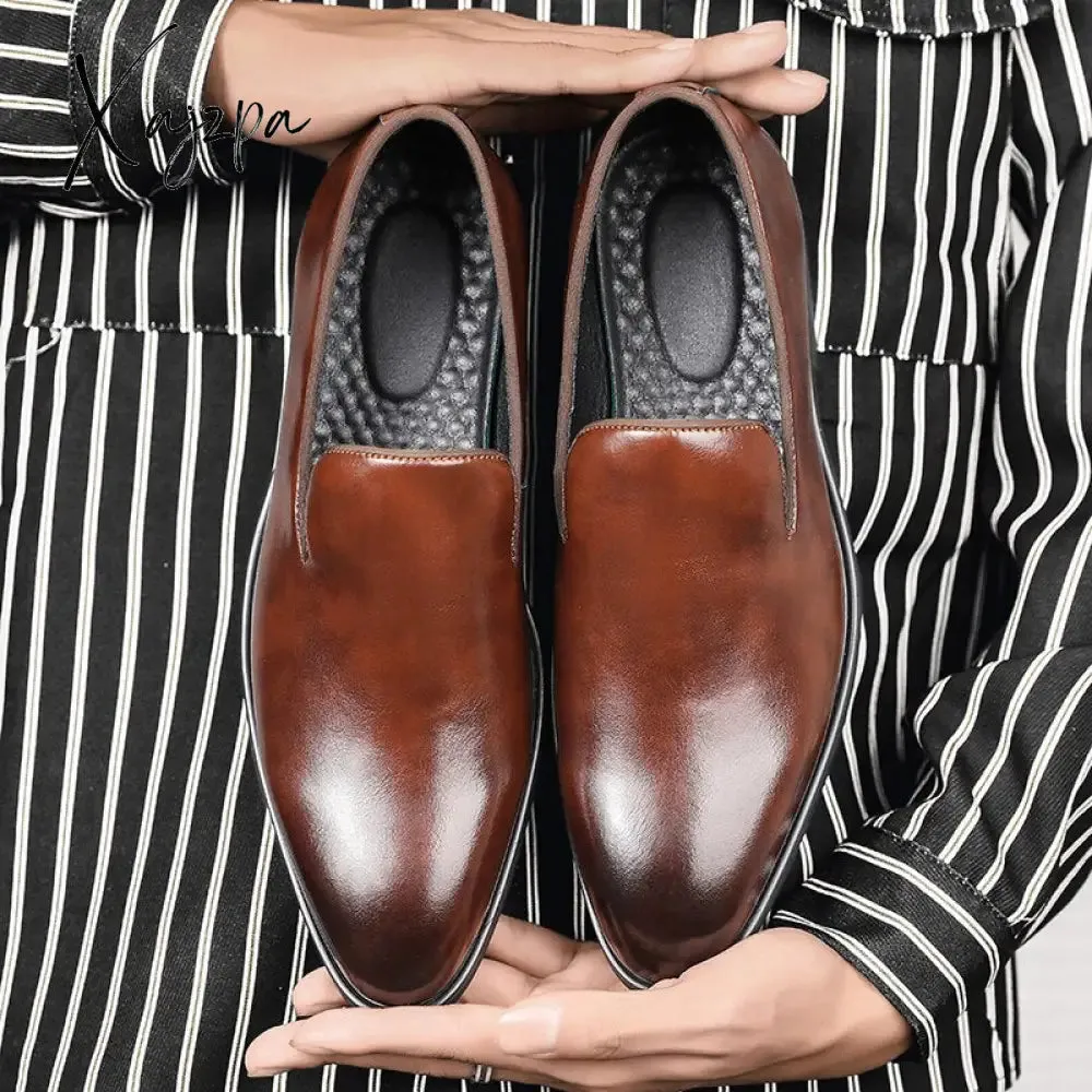 Xajzpa - New Men Loafers PU Solid Color Pointed Toe Classic Simple Red Bottom Slip-on Fashion Business Casual Daily Gentleman Dress Shoes