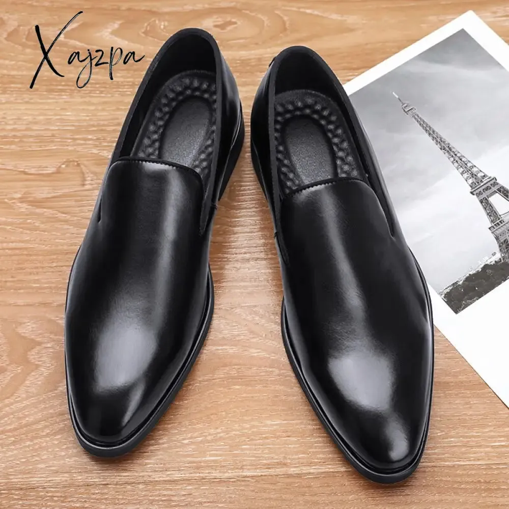Xajzpa - New Men Loafers PU Solid Color Pointed Toe Classic Simple Red Bottom Slip-on Fashion Business Casual Daily Gentleman Dress Shoes
