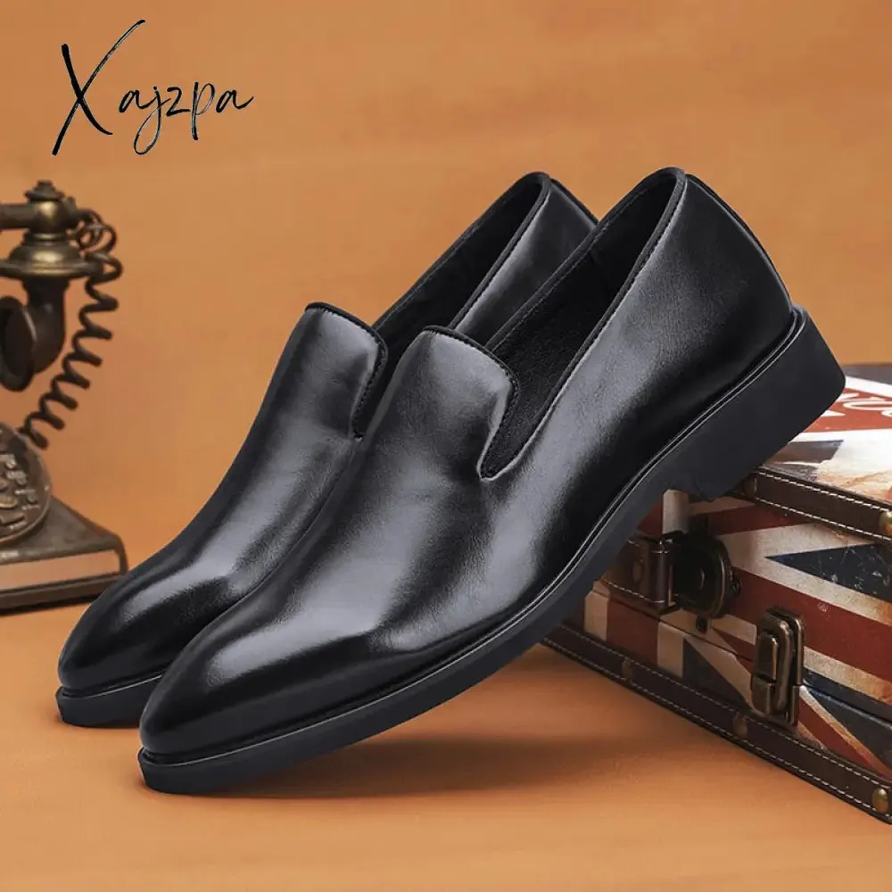 Xajzpa - New Men Loafers PU Solid Color Pointed Toe Classic Simple Red Bottom Slip-on Fashion Business Casual Daily Gentleman Dress Shoes