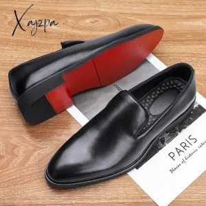 Xajzpa - New Men Loafers PU Solid Color Pointed Toe Classic Simple Red Bottom Slip-on Fashion Business Casual Daily Gentleman Dress Shoes